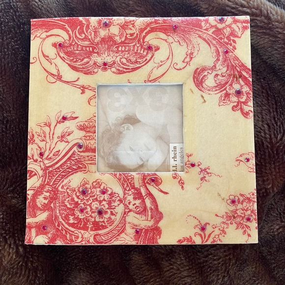 D. L. Rhein Red Toile Print & Crystals on Pale Yellow 6-3/4” Square Frame - Picture 1 of 8